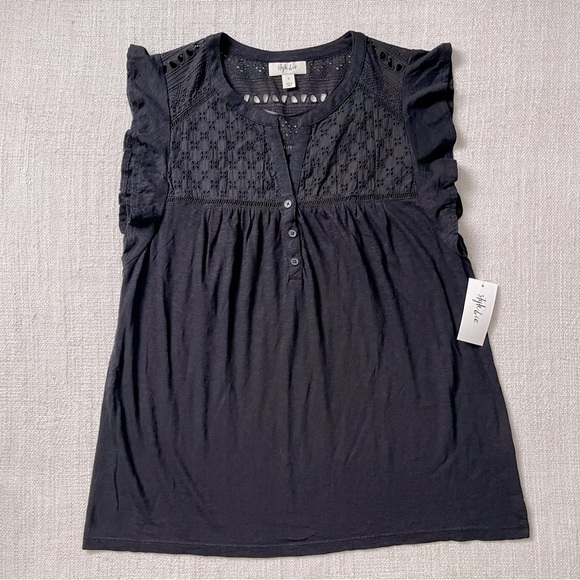 Style & Co. Eyelet Flutter Sleeve Black Top - Picture 2 of 5